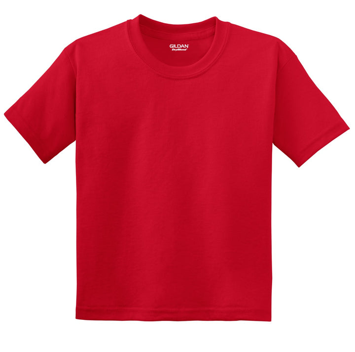 Front View of Red Gildan Youth DryBlend 50 Cotton/50 Poly T-Shirt. 8000B