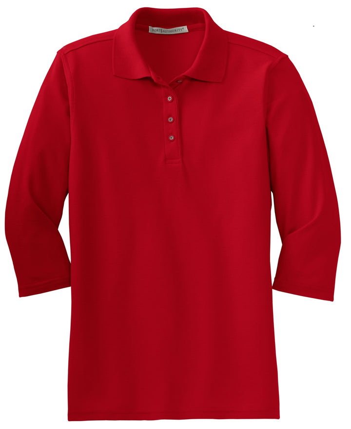 Front View of Red Port Authority Women's Silk Touch 3/4-Sleeve Polo. L562