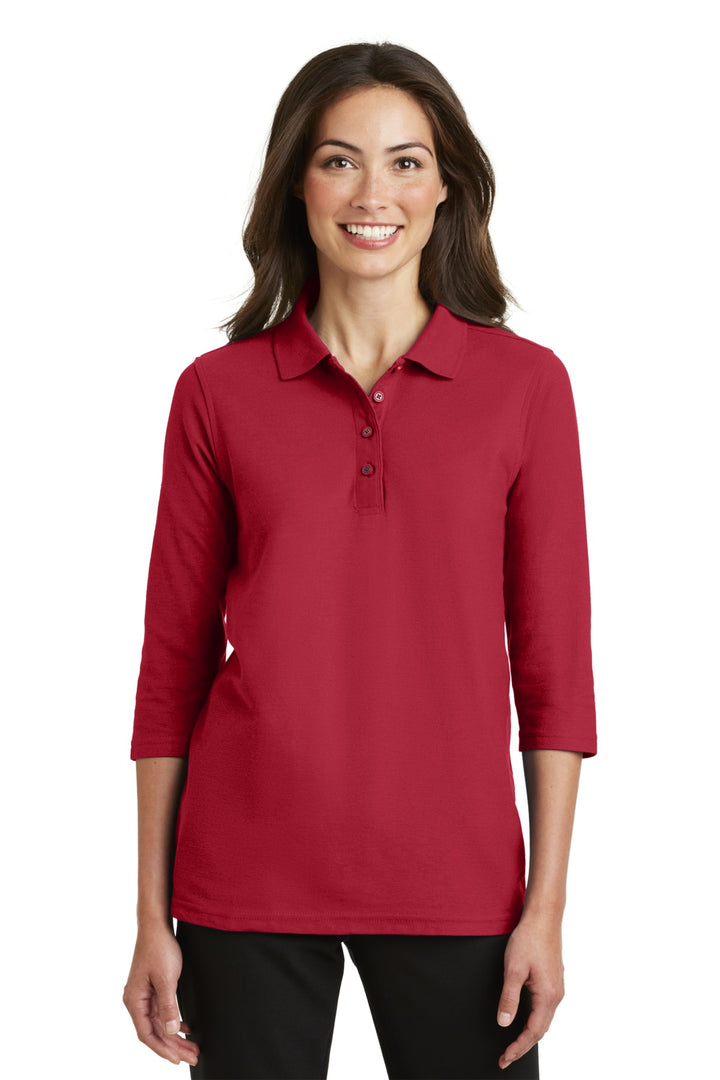 Front View of Red Port Authority Women's Silk Touch 3/4-Sleeve Polo. L562