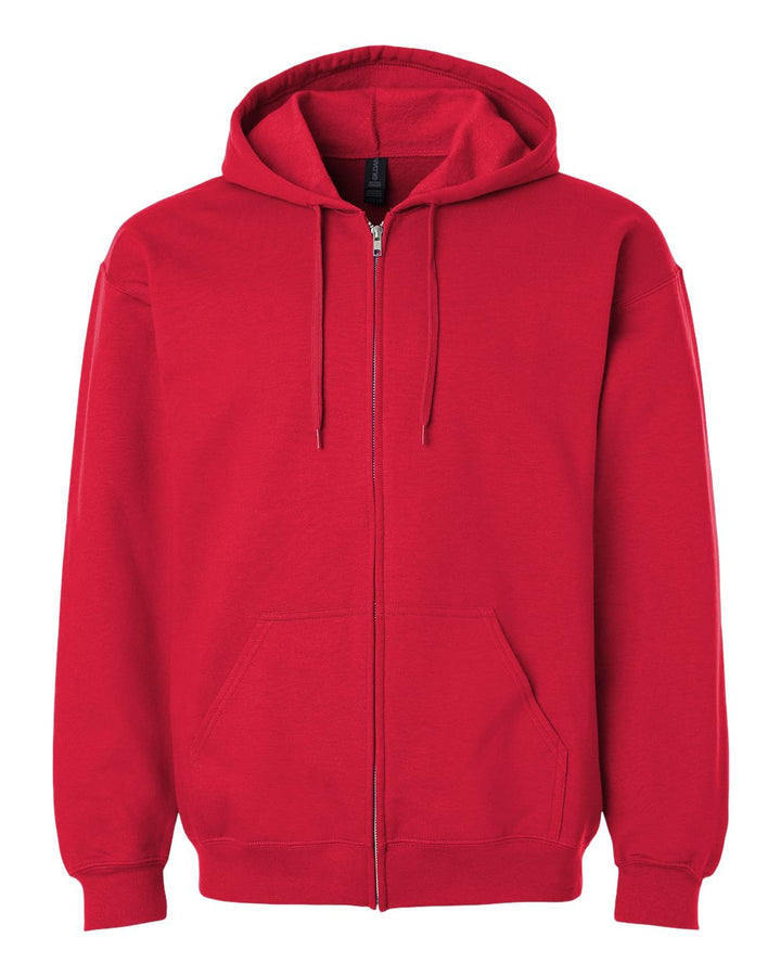 Front View of Red Softstyle® Full-Zip Hooded Sweatshirt - SF600