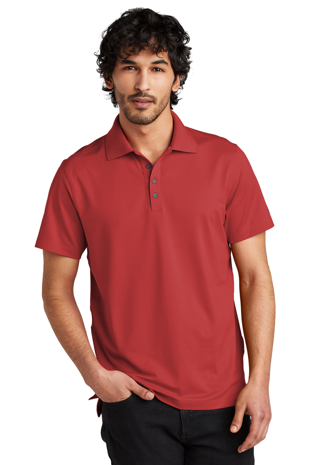 Front View of Ripped Red OGIO Metro Polo. OG130