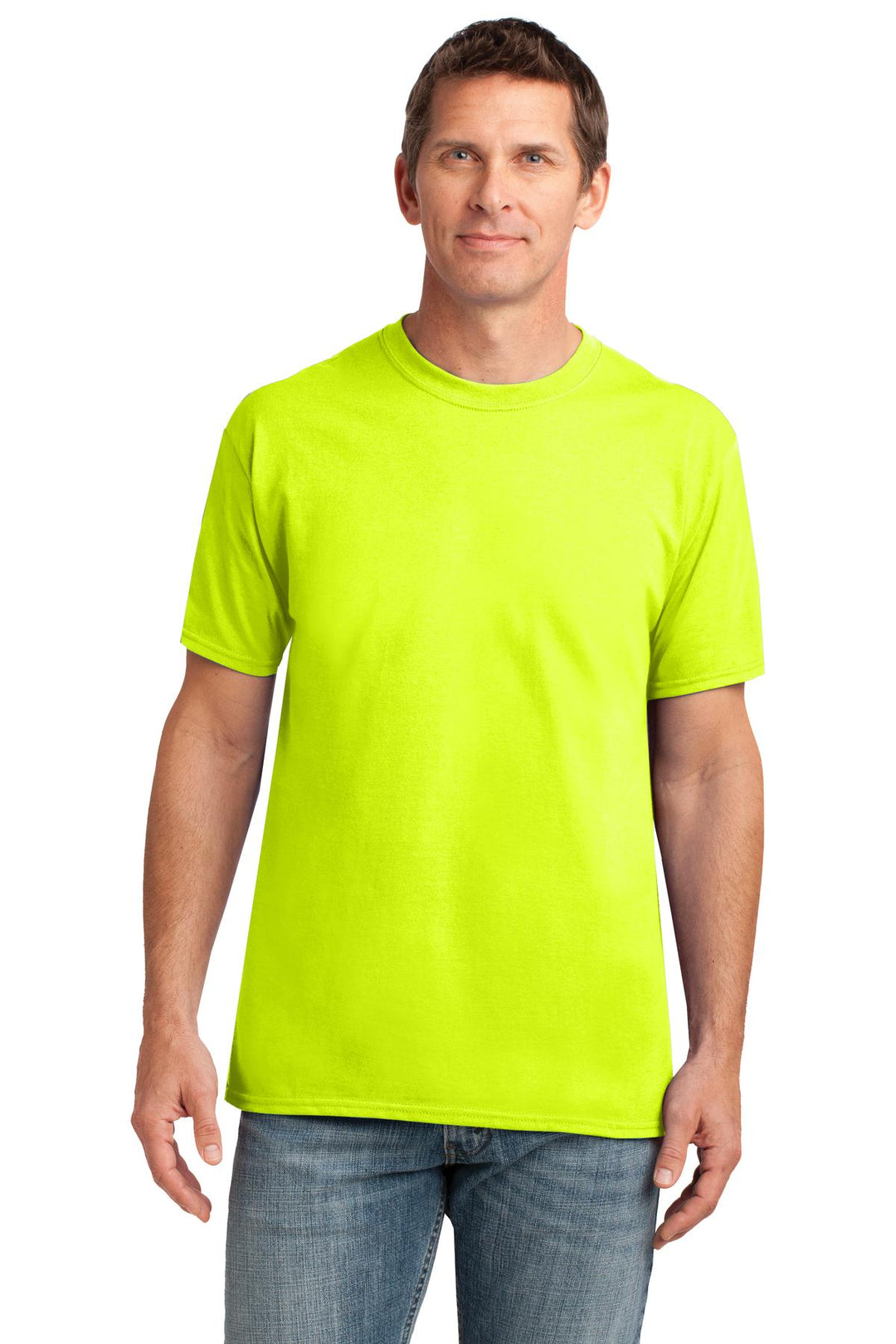 Front View of Safety Green Gildan Gildan Performance T-Shirt. 42000