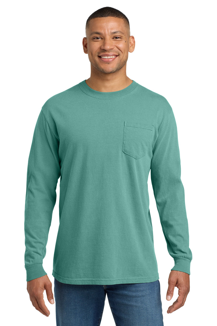Front View of Seafoam COMFORT COLORS Heavyweight Ring Spun Long Sleeve Pocket Tee. 4410