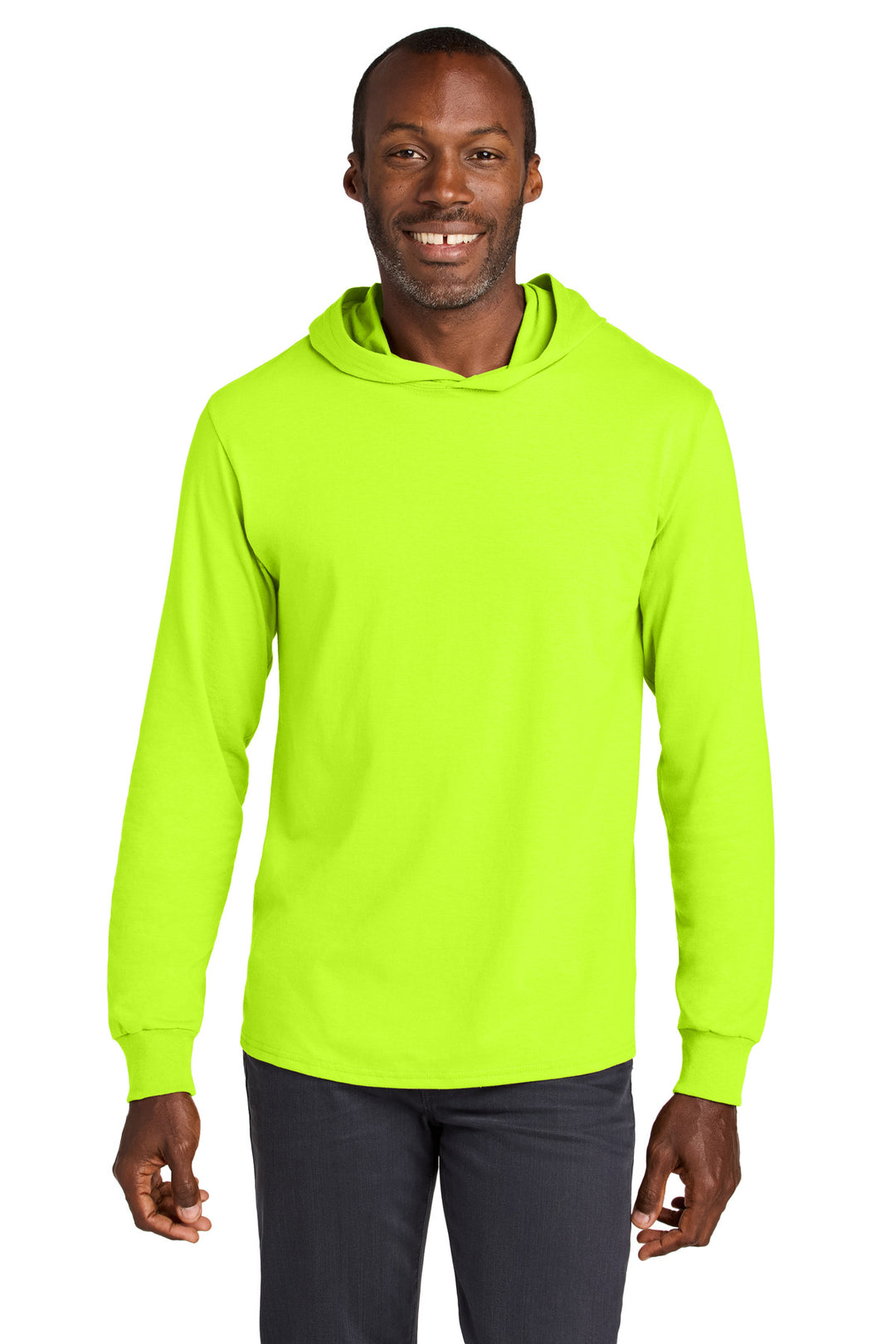 Front View of SftyGrn Jerzees Classics Unisex Cotton Long Sleeve Hooded T-Shirt 363LH