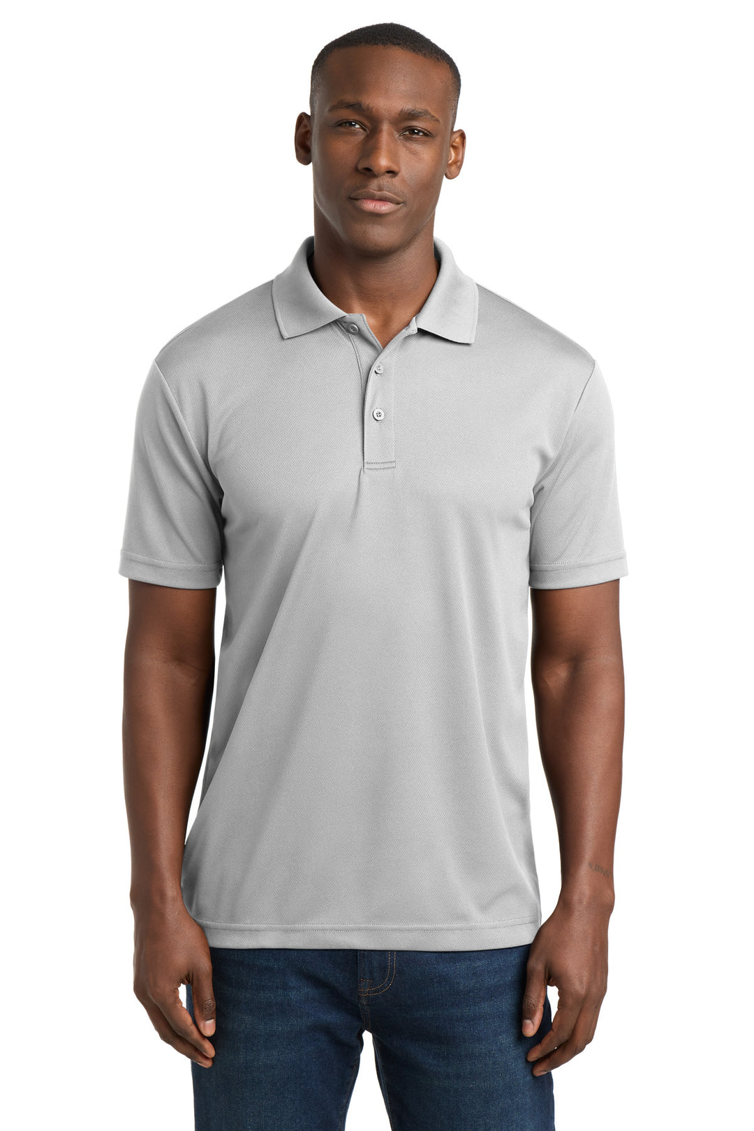 Front View of Silver Sport-Tek PosiCharge RacerMesh Polo. ST640