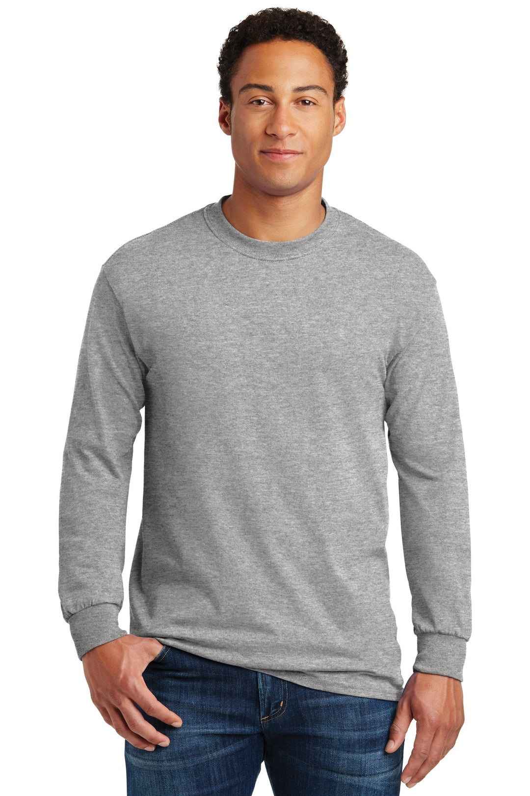 Front View of Sport Grey Gildan - Heavy Cotton 100% Cotton Long Sleeve T-Shirt. 5400