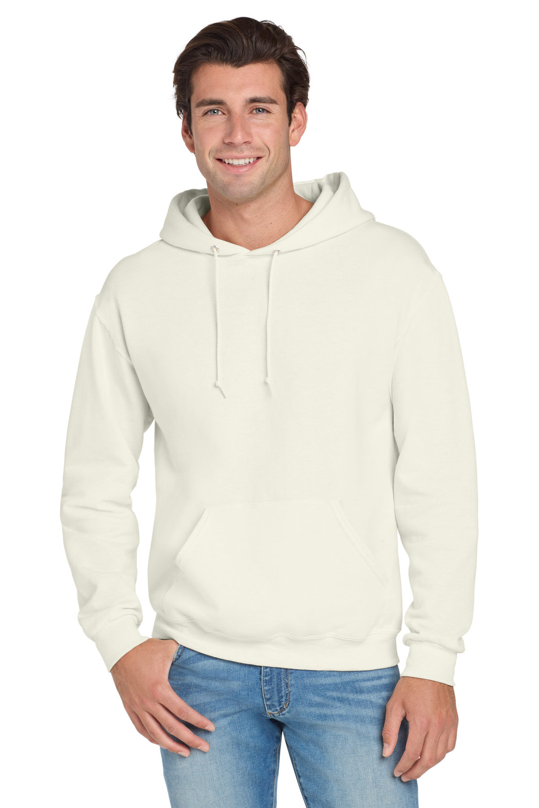 Front View of SwtCrmHthr Jerzees NuBlend Pullover Hooded Sweatshirt. 996M