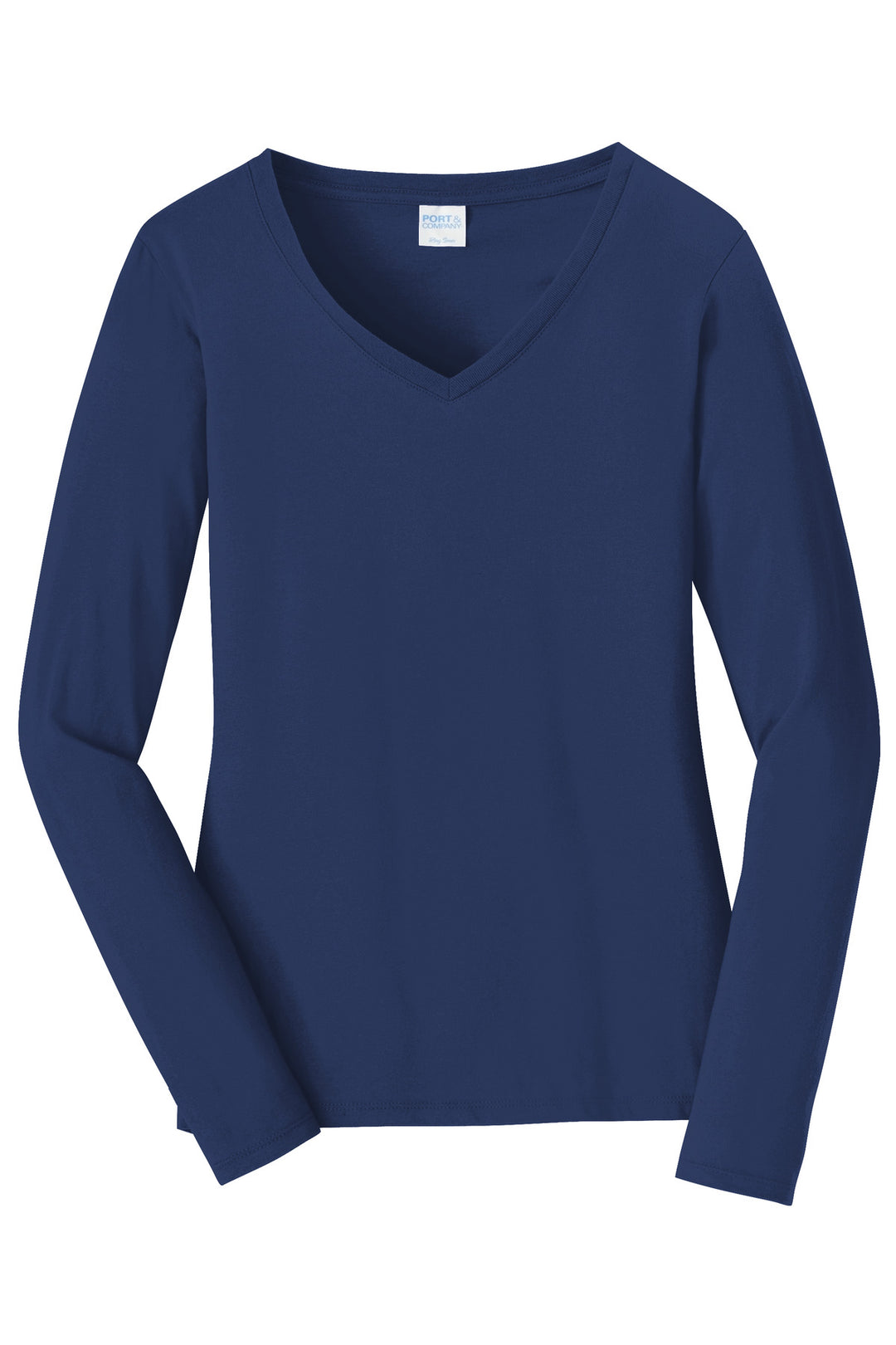 Front View of Team Navy Port & Company Women's Long Sleeve Fan Favorite V-Neck Tee. LPC450VLS
