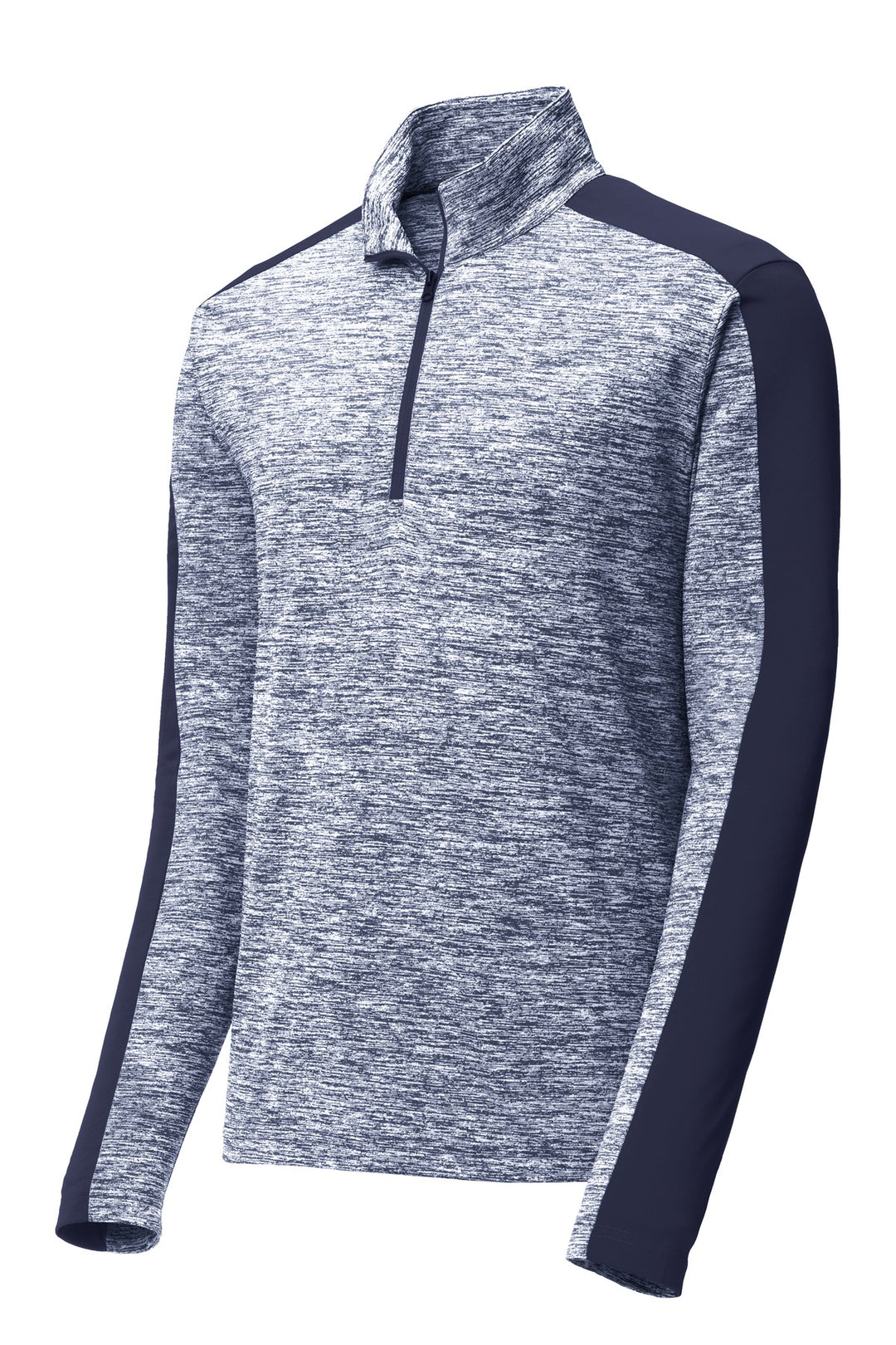 Front View of Tr Navy E/T Ny Sport-Tek PosiCharge Electric Heather Colorblock 1/4-Zip Pullover. ST397