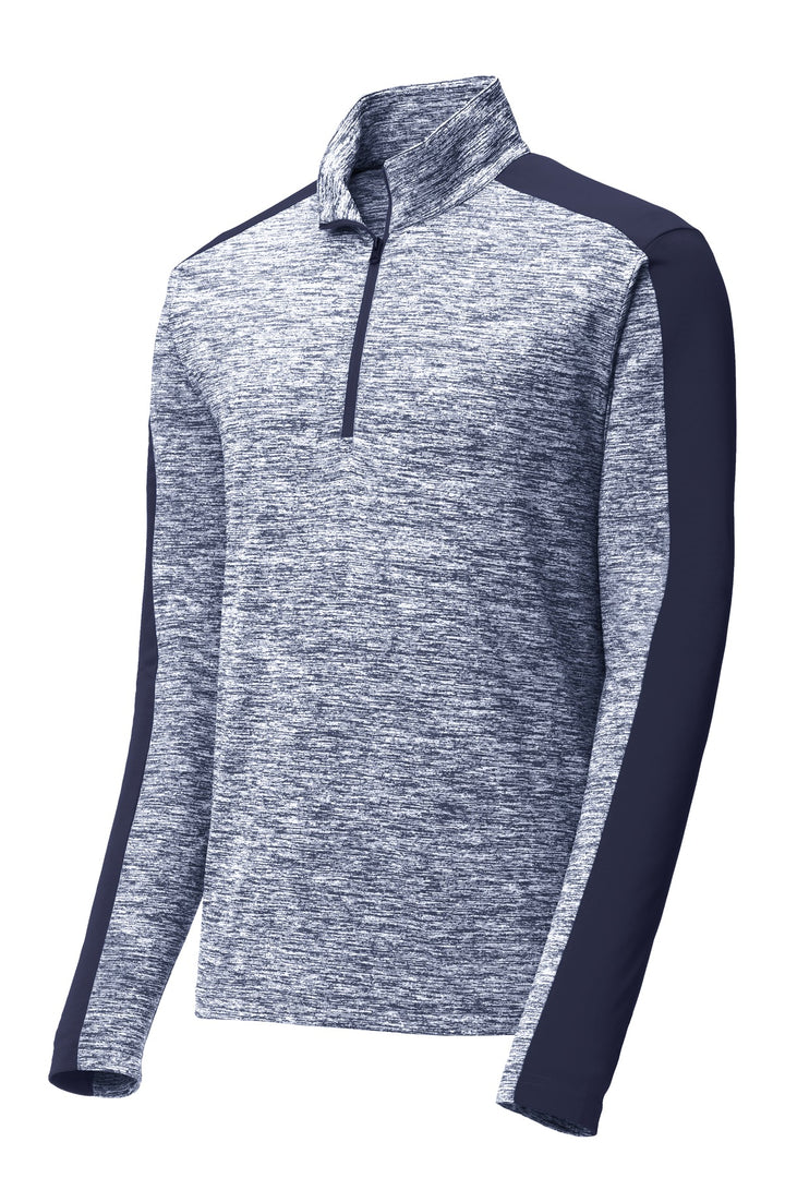 Front View of Tr Navy E/T Ny Sport-Tek PosiCharge Electric Heather Colorblock 1/4-Zip Pullover. ST397