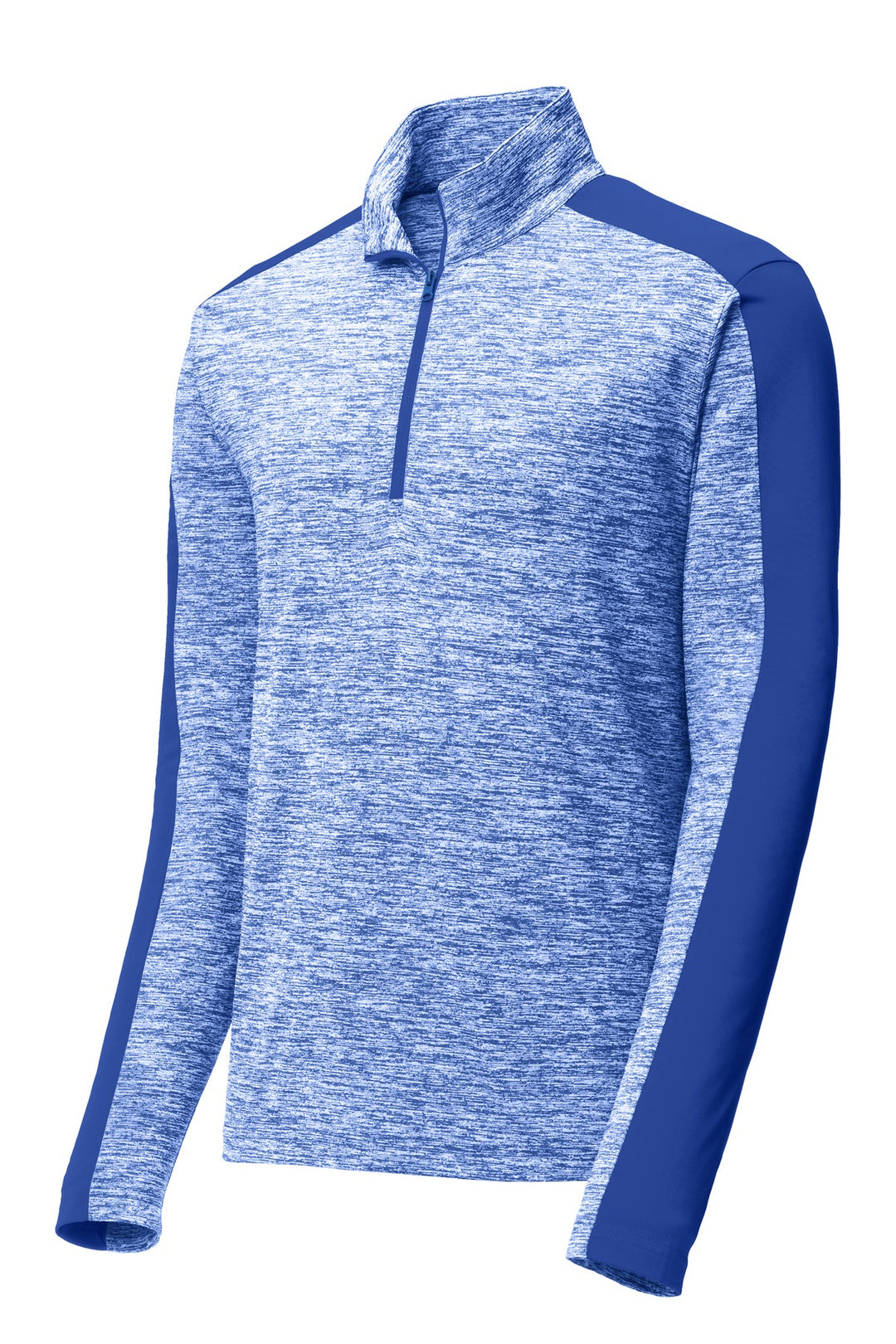 Front View of Tr Roy E/Tr Ry Sport-Tek PosiCharge Electric Heather Colorblock 1/4-Zip Pullover. ST397