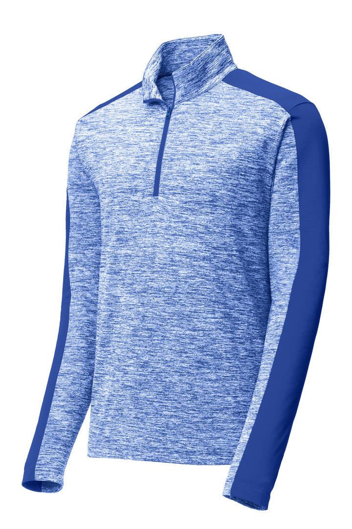 Front View of Tr Roy E/Tr Ry Sport-Tek PosiCharge Electric Heather Colorblock 1/4-Zip Pullover. ST397