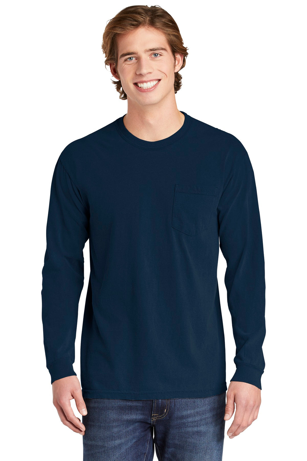 Front View of True Navy COMFORT COLORS Heavyweight Ring Spun Long Sleeve Pocket Tee. 4410
