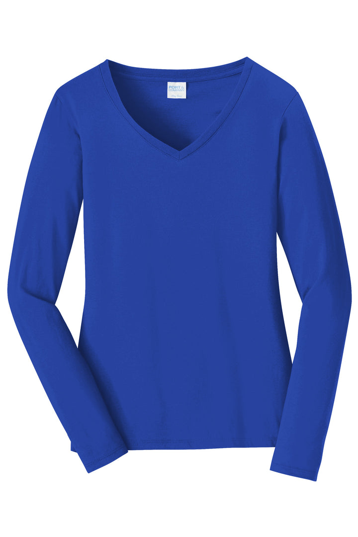 Front View of True Royal Port & Company Women's Long Sleeve Fan Favorite V-Neck Tee. LPC450VLS