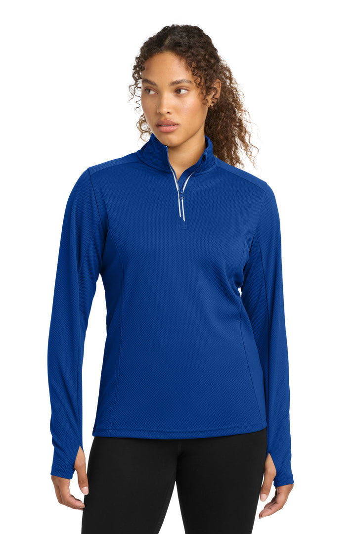 Front View of True Royal Sport-Tek Women's Sport-Wick Textured 1/4-Zip Pullover. LST860