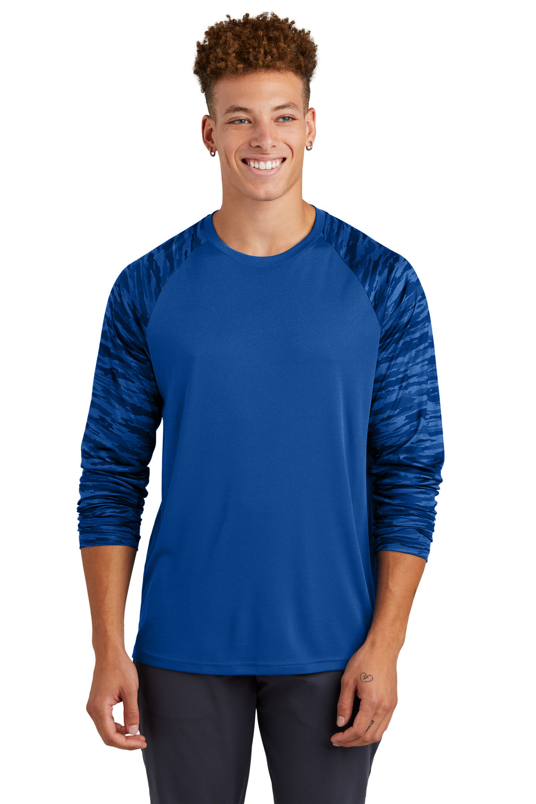 Front View of TrueRoyal Sport-Tek Drift Camo Colorblock Long Sleeve Tee ST376LS