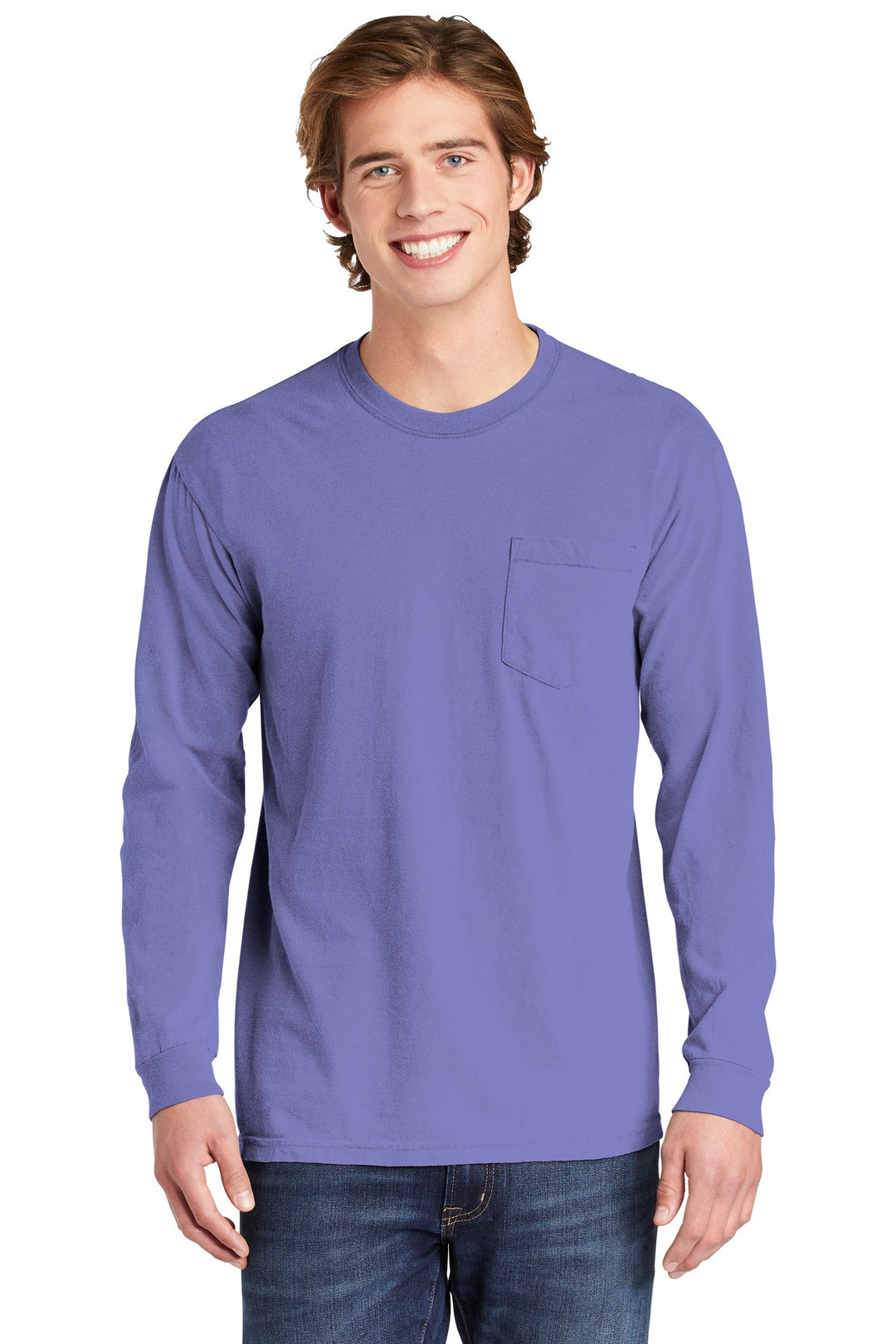 Front View of Violet COMFORT COLORS Heavyweight Ring Spun Long Sleeve Pocket Tee. 4410