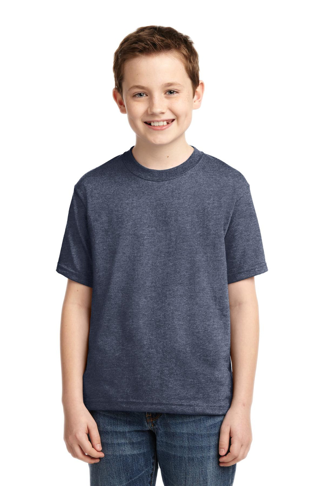Front View of Vntg Hthr Navy Jerzees - Youth Dri-Power 50/50 Cotton/Poly T-Shirt. 29B