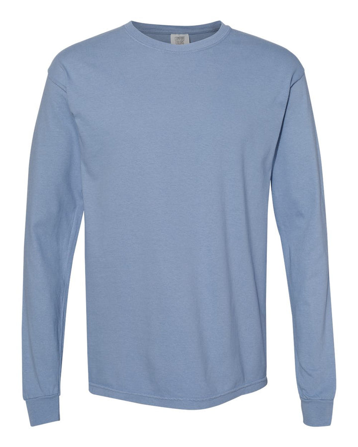 Front View of Washed Denim Garment-Dyed Heavyweight Long Sleeve T-Shirt - 6014