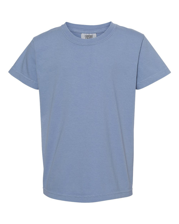 Front View of Washed Denim Garment-Dyed Youth Heavyweight T-Shirt - 9018