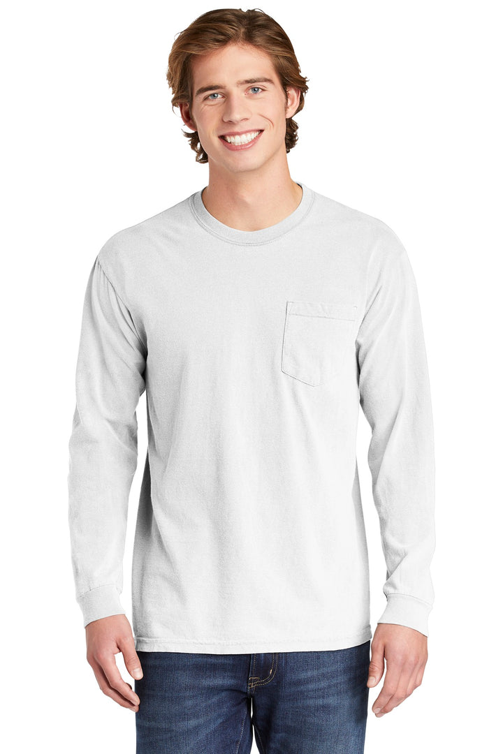 Front View of White COMFORT COLORS Heavyweight Ring Spun Long Sleeve Pocket Tee. 4410