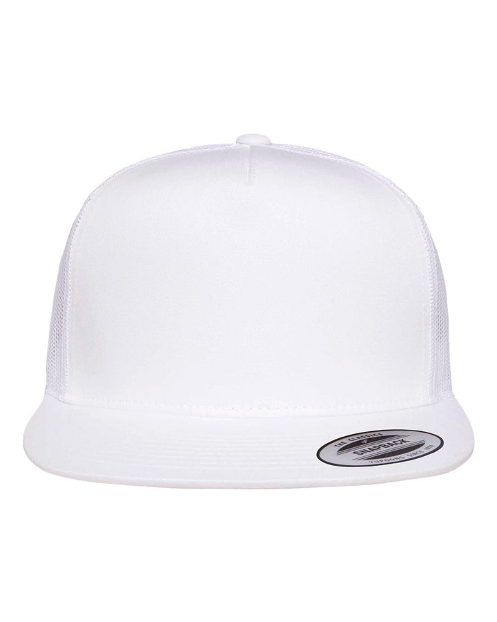 Front View of White Five-Panel Classic Trucker Cap - 6006