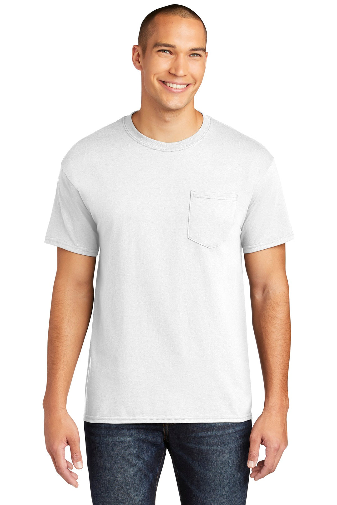 Front View of White Gildan Heavy Cotton 100% Cotton Pocket T-Shirt. 5300