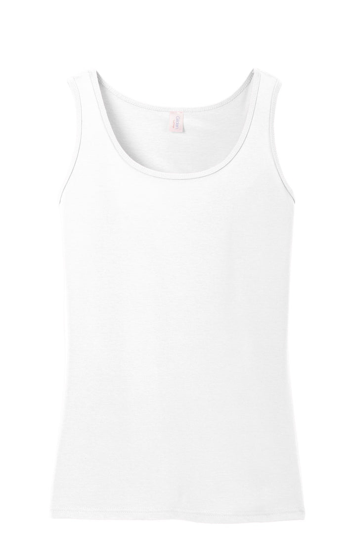 Front View of White Gildan Softstyle Junior Fit Tank Top. 64200L