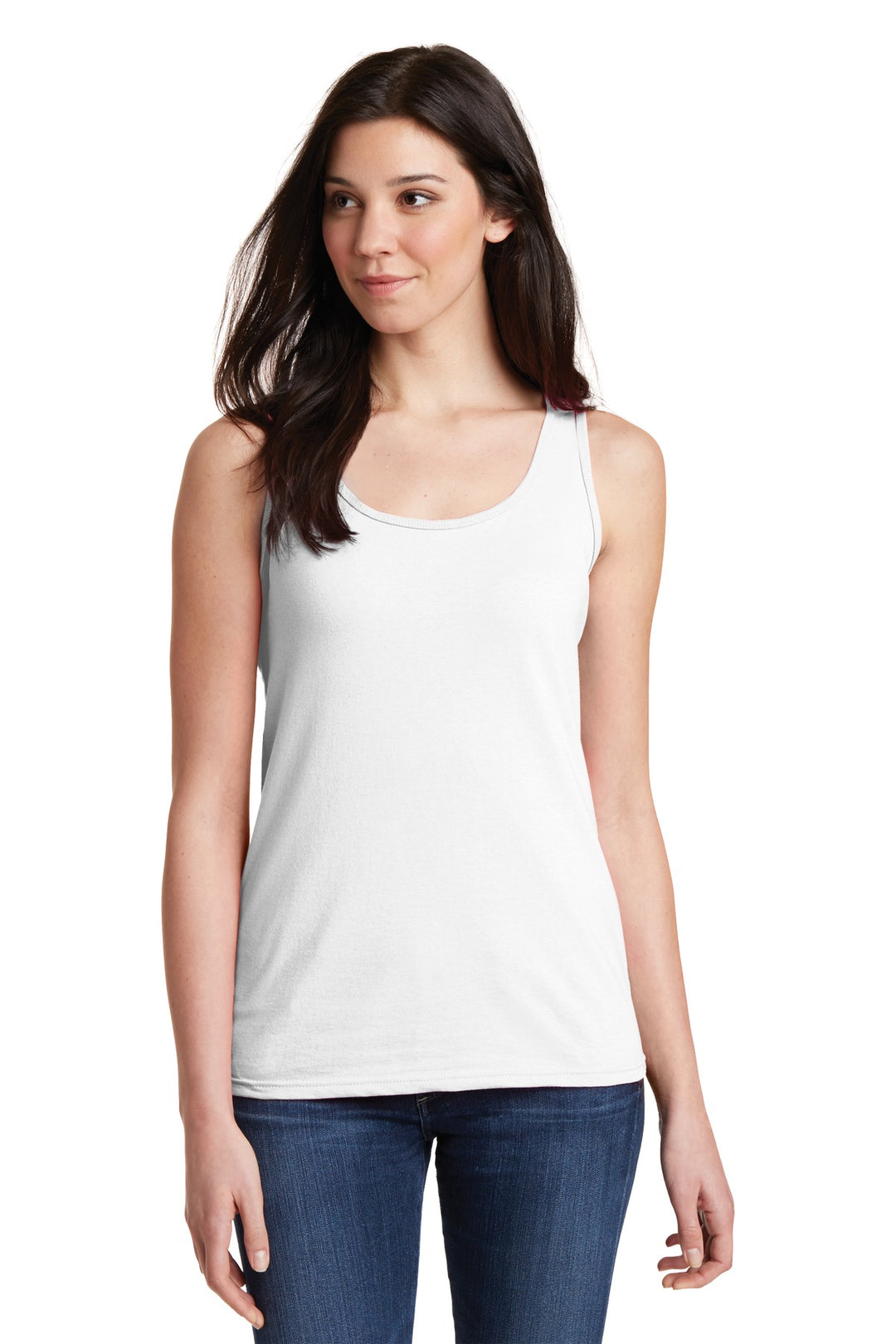 Front View of White Gildan Softstyle Junior Fit Tank Top. 64200L
