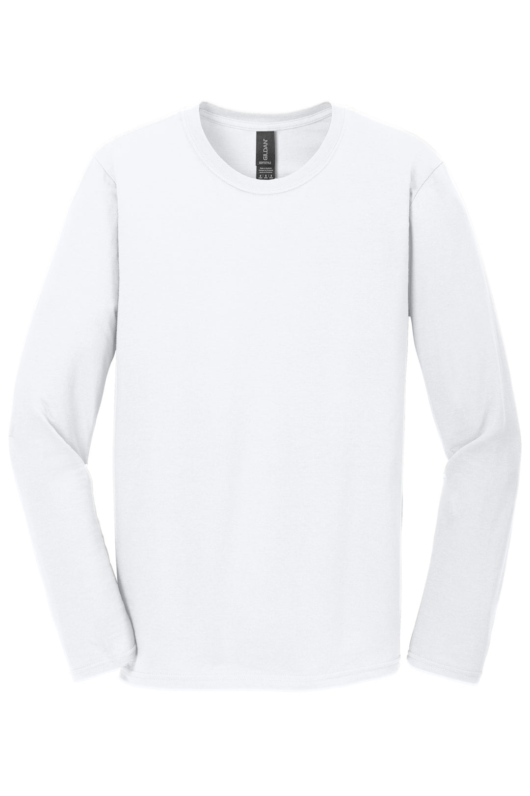Front View of White Gildan Softstyle Long Sleeve T-Shirt. 64400