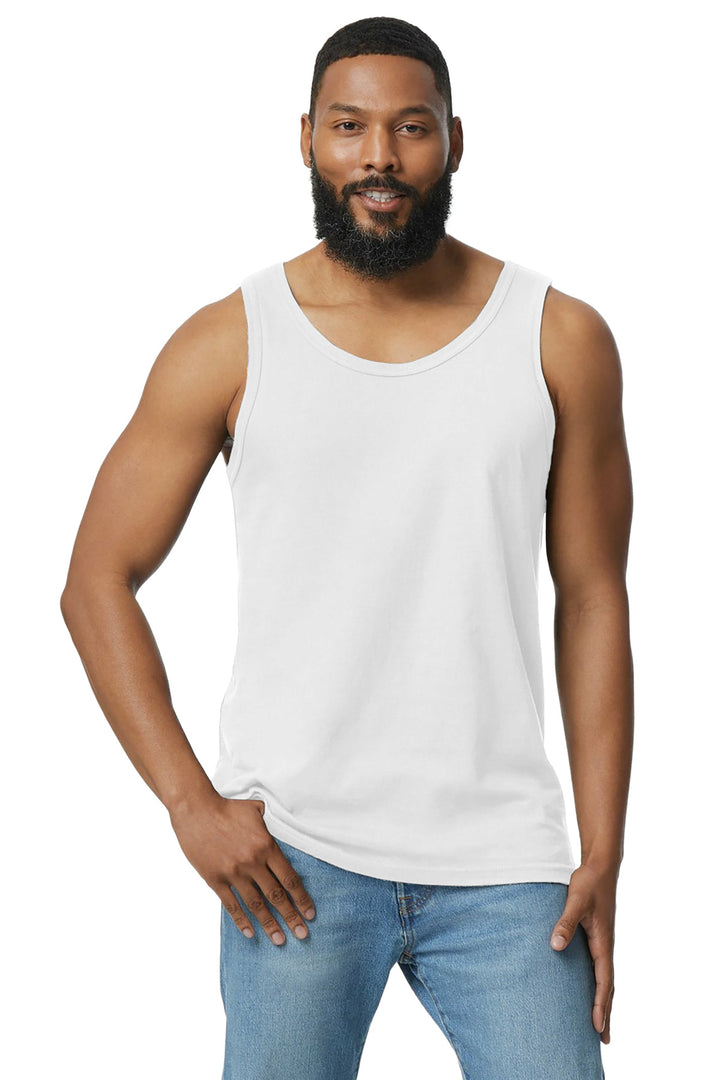 Front View of White Gildan Softstyle Tank Top 64200
