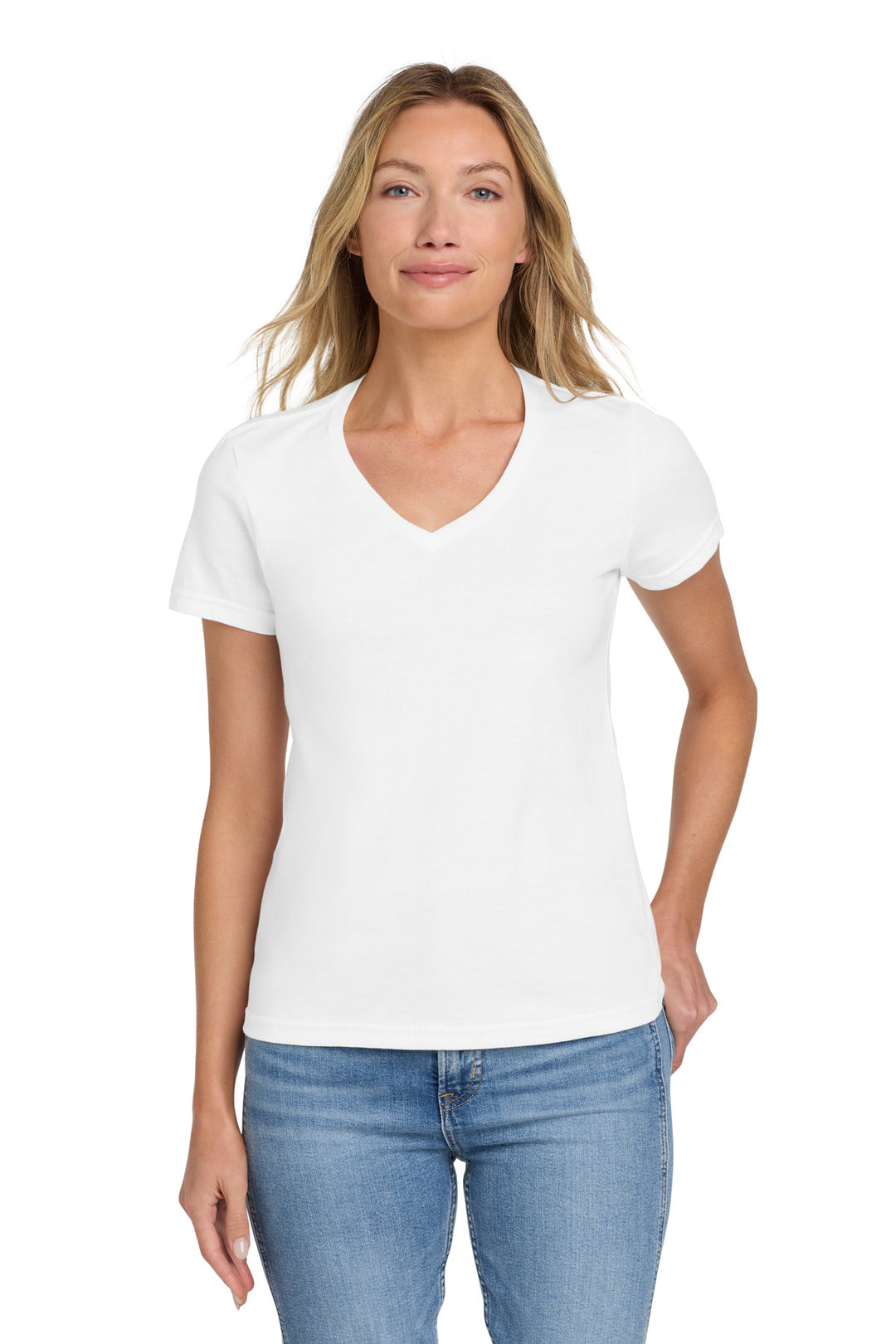 Front View of White Gildan Softstyle Women's Fit V-Neck T-Shirt. 64V00L