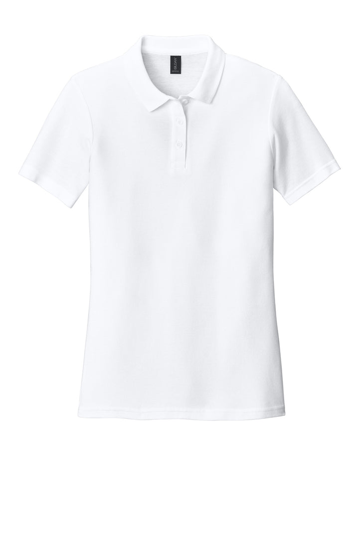 Front View of White Gildan Softstyle Women's Pique Polo 64800L