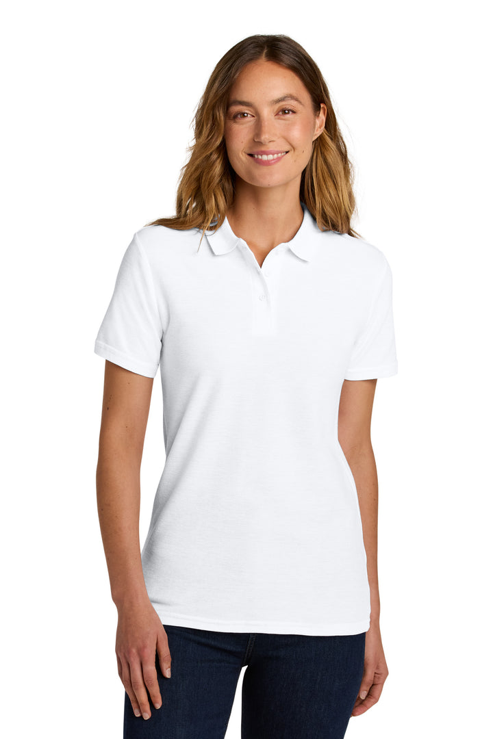 Front View of White Gildan Softstyle Women's Pique Polo 64800L