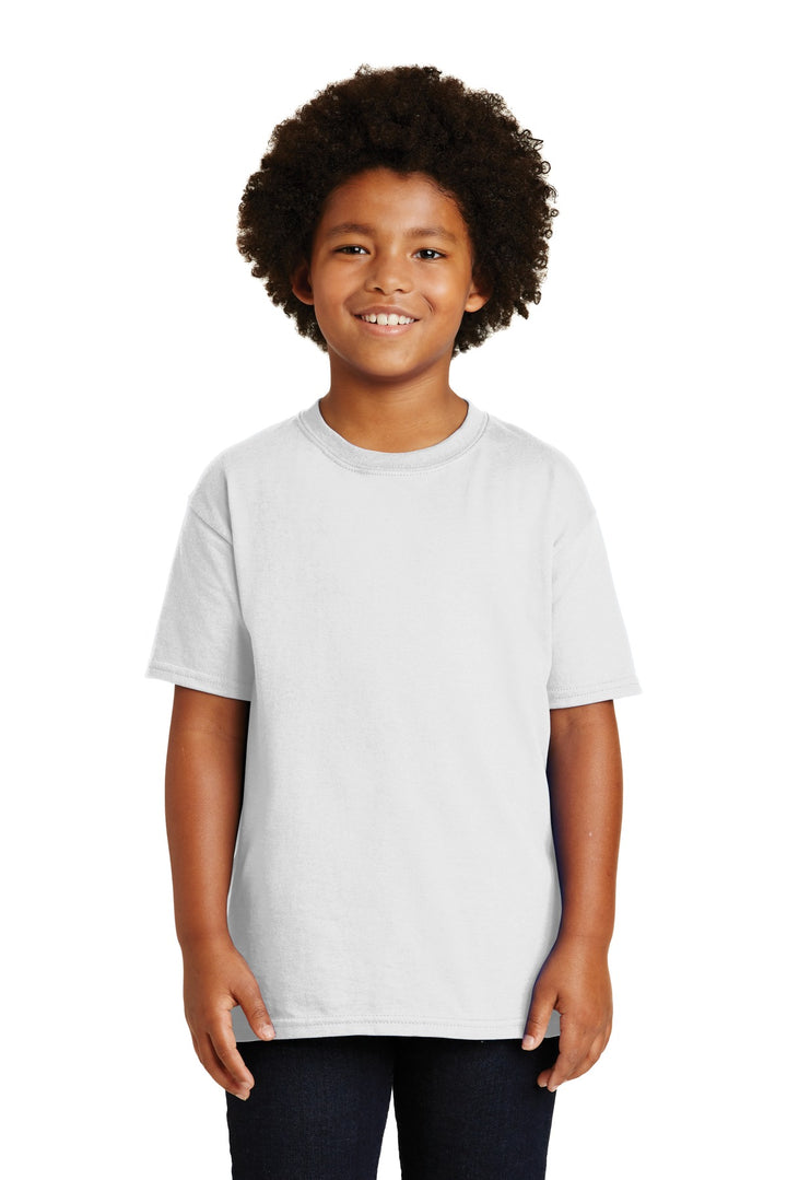 Front View of White Gildan - Youth Ultra Cotton 100% US Cotton T-Shirt. 2000B