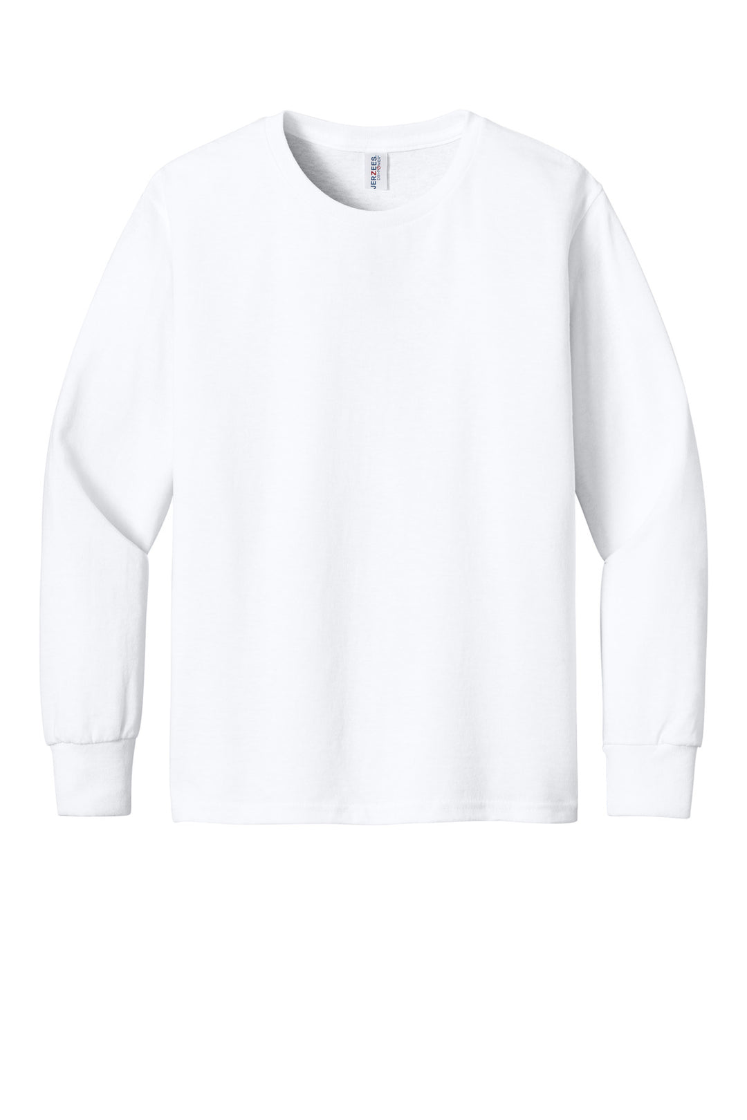 Front View of White Jerzees Youth Dri-Power 50/50 Cotton/Poly Long Sleeve 29BL