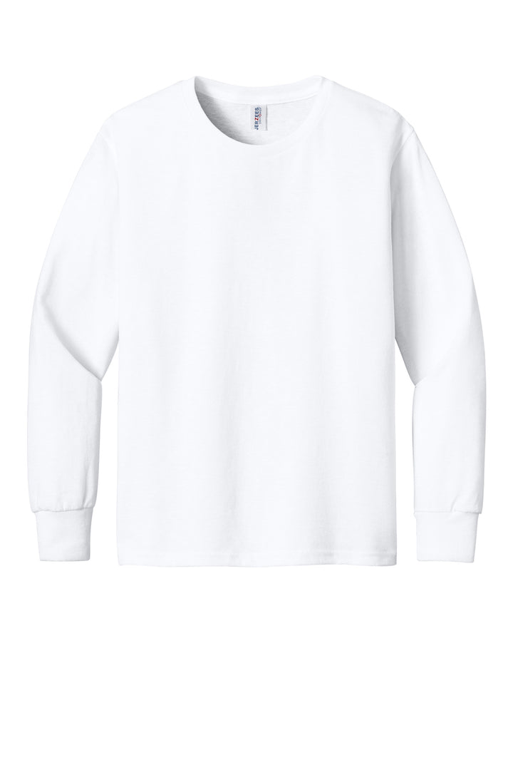 Front View of White Jerzees Youth Dri-Power 50/50 Cotton/Poly Long Sleeve 29BL