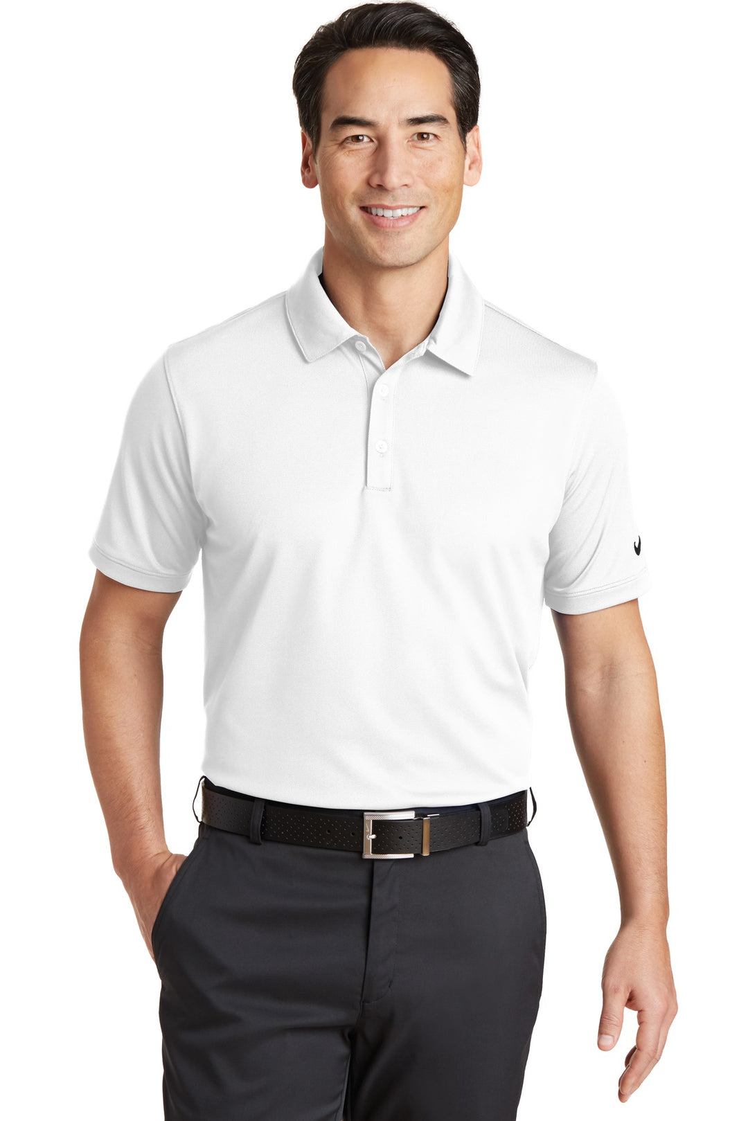 Front View of White Nike Dri-FIT Solid Icon Pique Modern Fit Polo. 746099