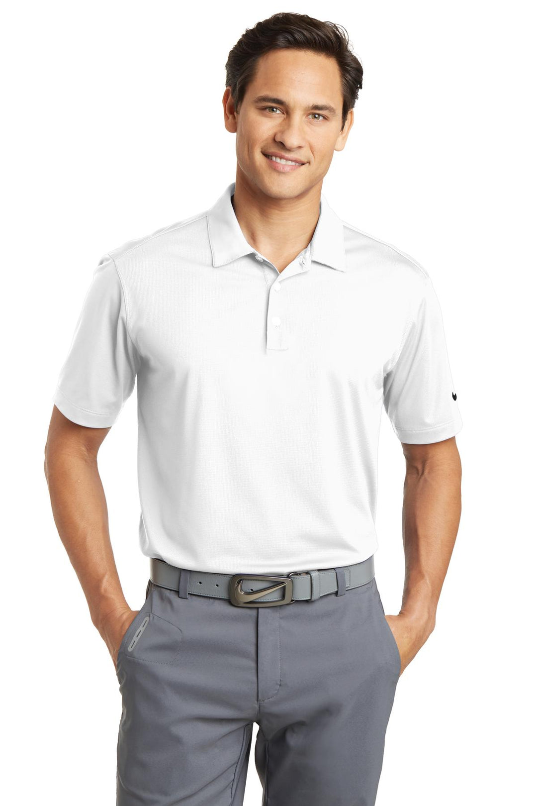 Front View of White Nike Dri-FIT Vertical Mesh Polo. 637167