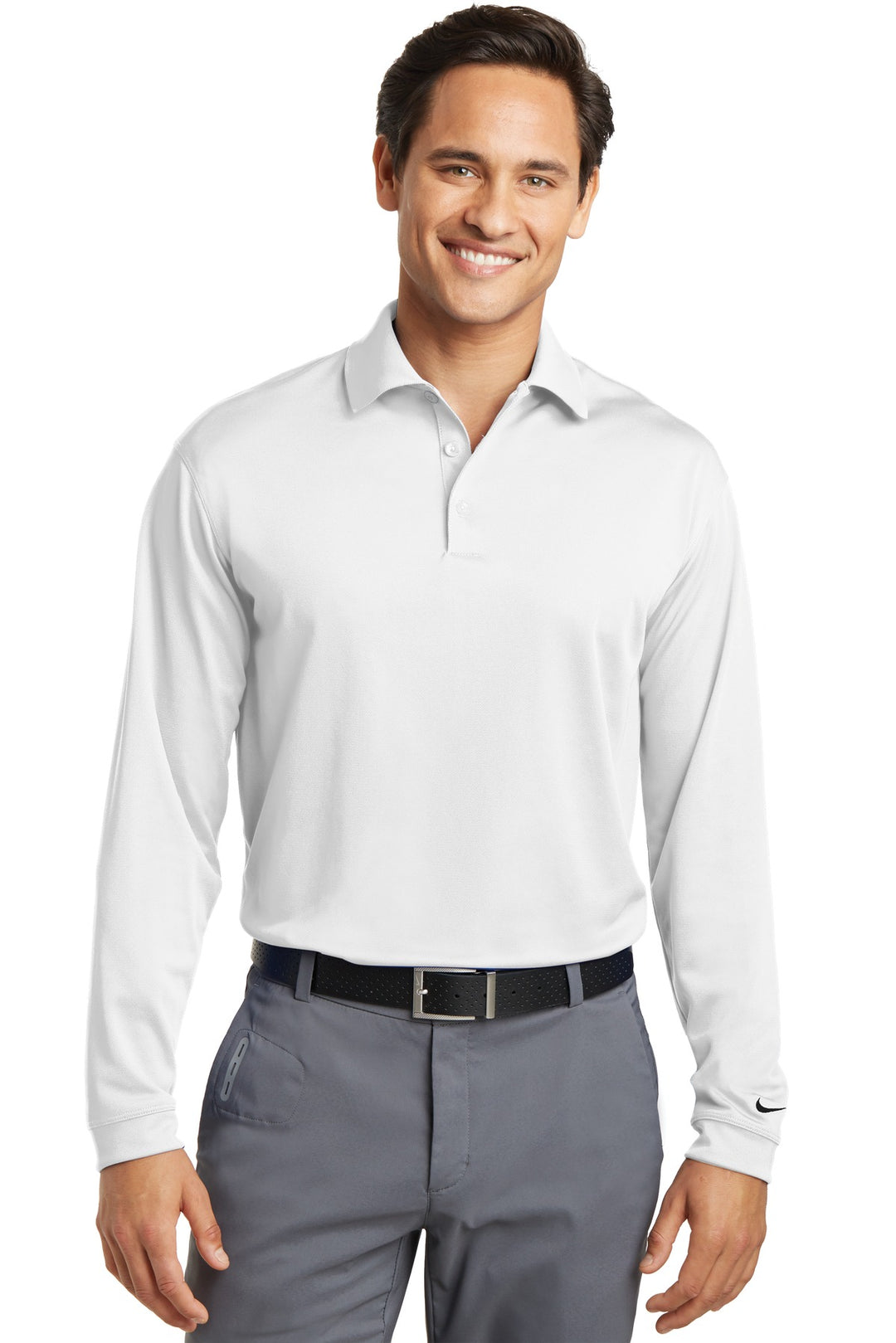 Front View of White Nike Long Sleeve Dri-FIT Stretch Tech Polo. 466364