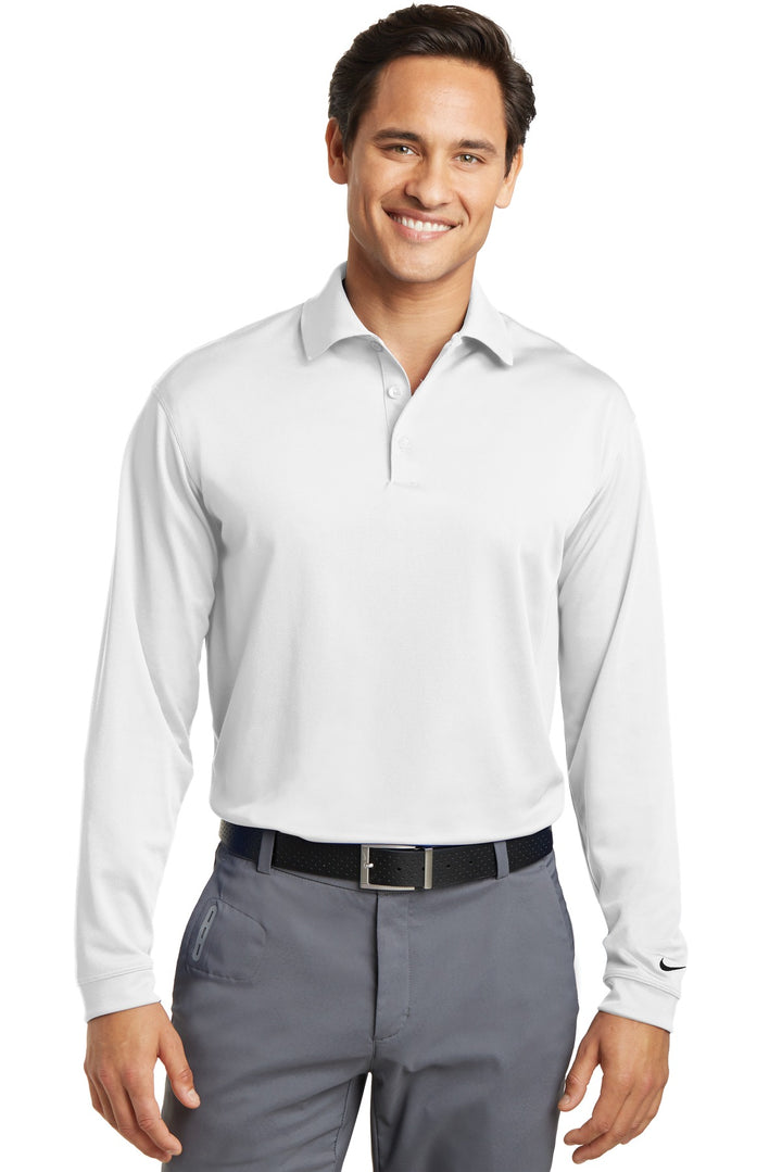 Front View of White Nike Long Sleeve Dri-FIT Stretch Tech Polo. 466364