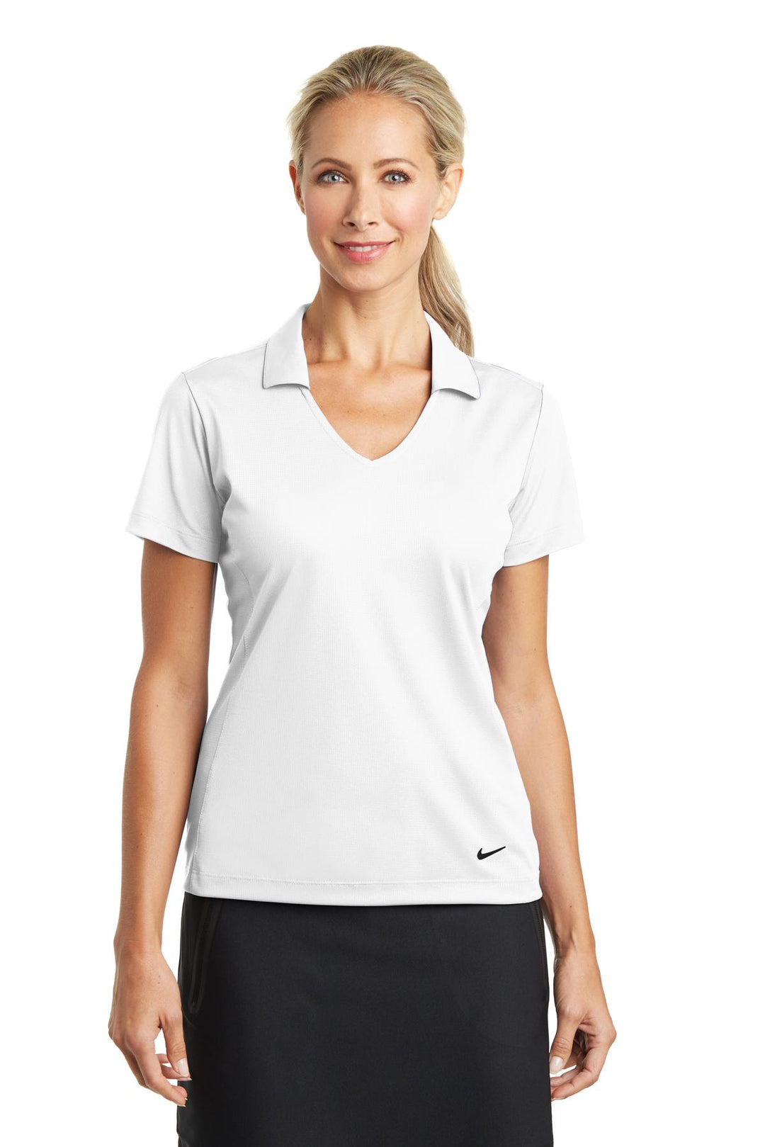 Front View of White Nike Women's Dri-FIT Vertical Mesh Polo. 637165