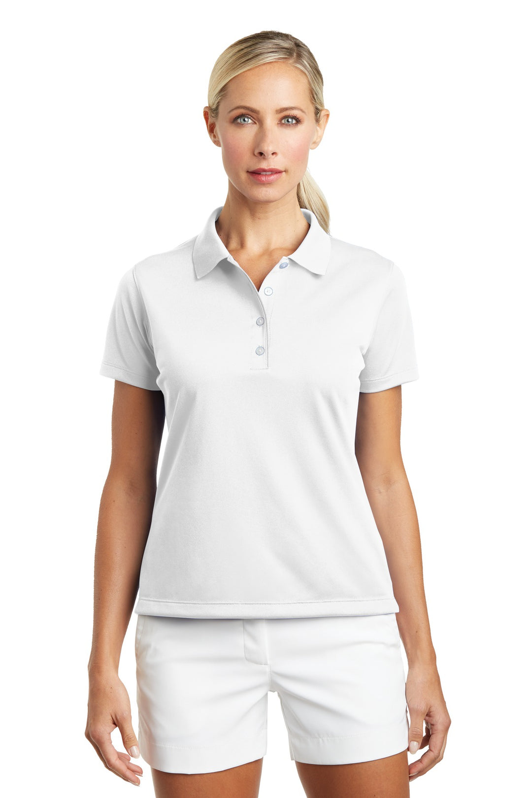 Front View of White Nike Women's Tech Basic Dri-FIT Polo. 203697