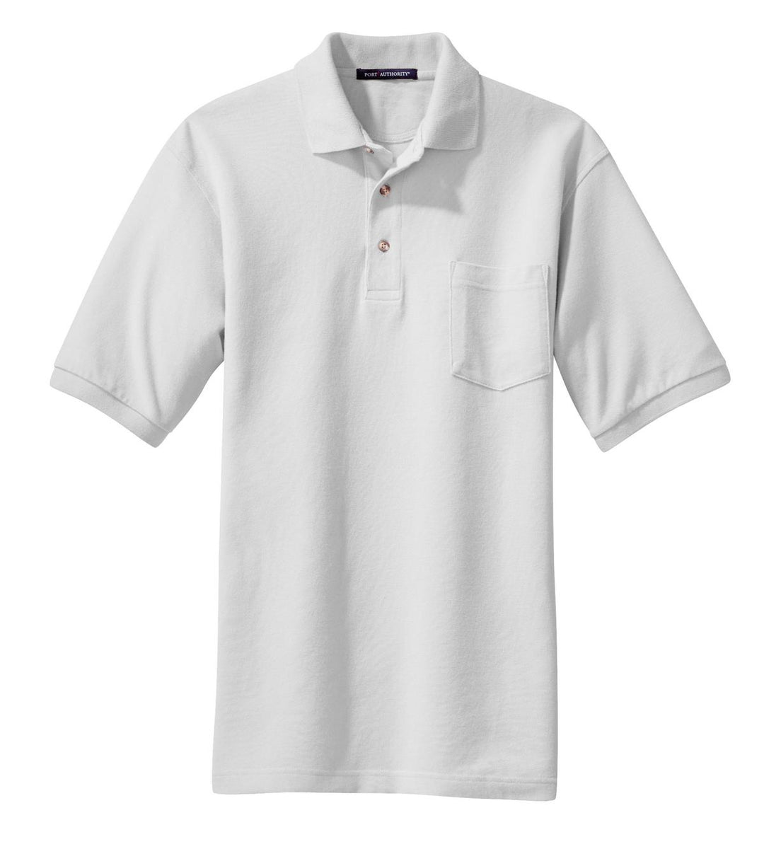 Front View of White Port Authority Heavyweight Cotton Pique Polo with Pocket. K420P