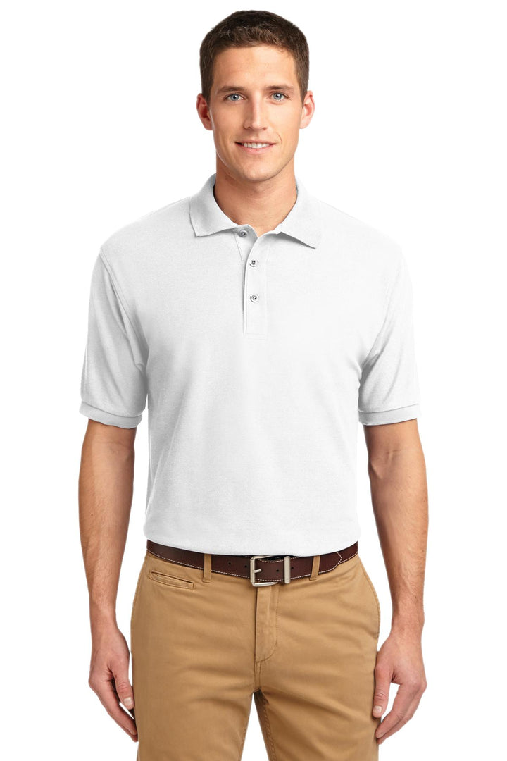 Front View of White Port Authority Silk Touch Polo K500