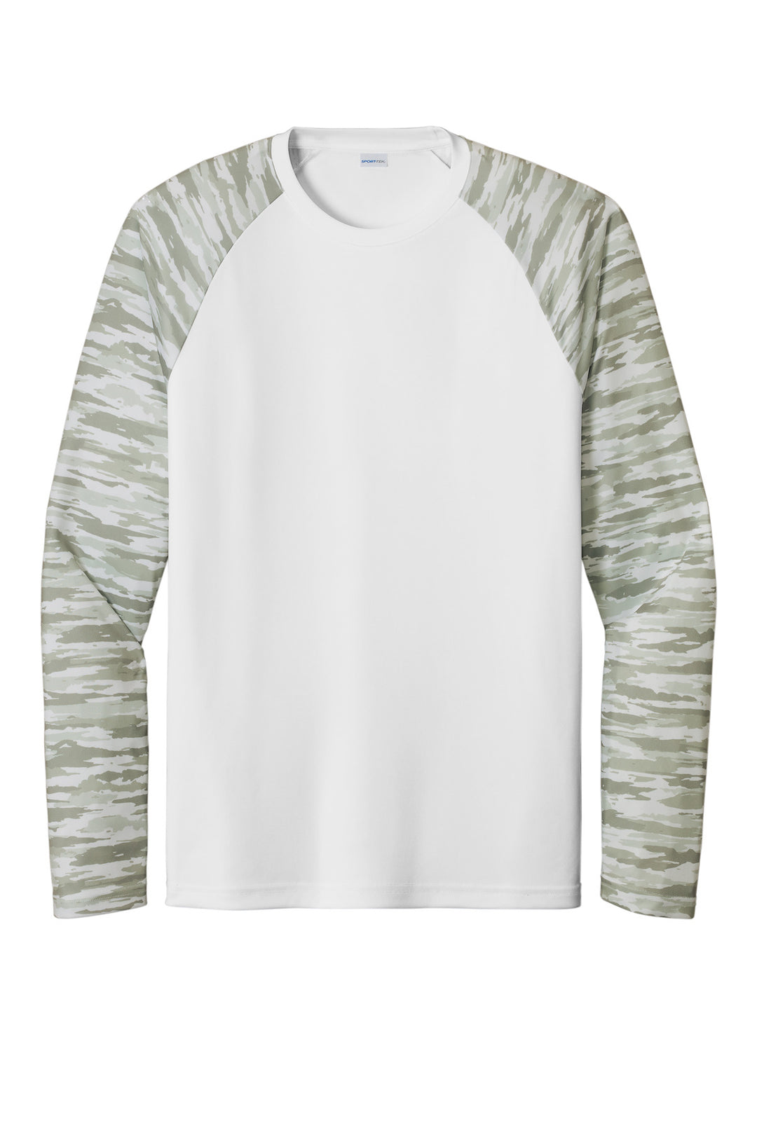 Front View of White Sport-Tek Drift Camo Colorblock Long Sleeve Tee ST376LS