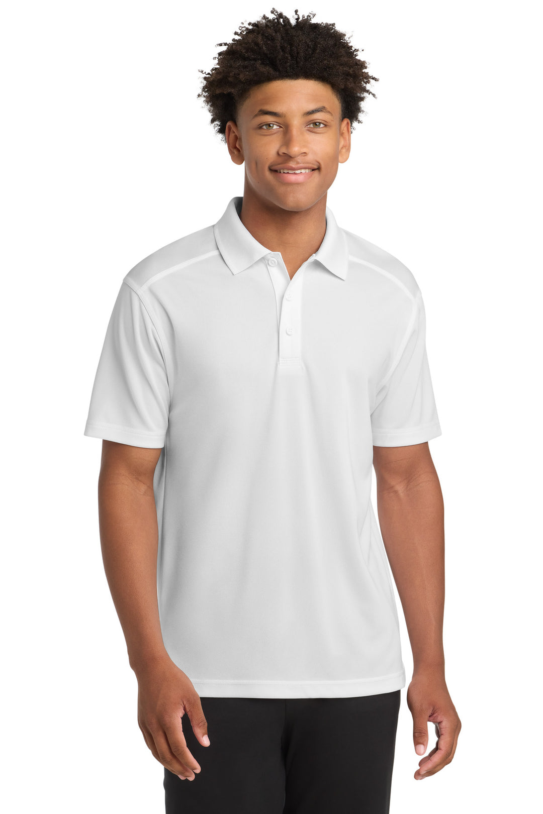 Front View of White Sport-Tek PosiCharge Micro-Mesh Polo. ST680