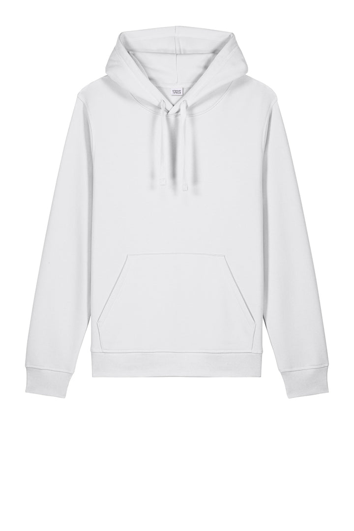 Front View of White Stanley/Stella Unisex Drummer 2.0 Hooded Sweatshirt SXU009
