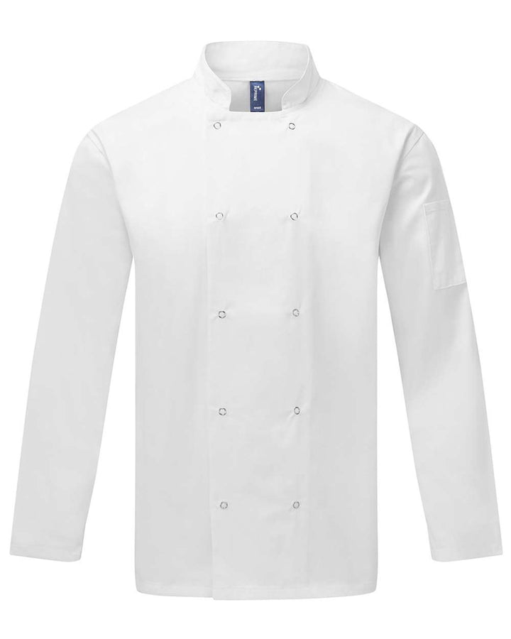 Front View of White Ten Studded Front Chef Coat - RP665