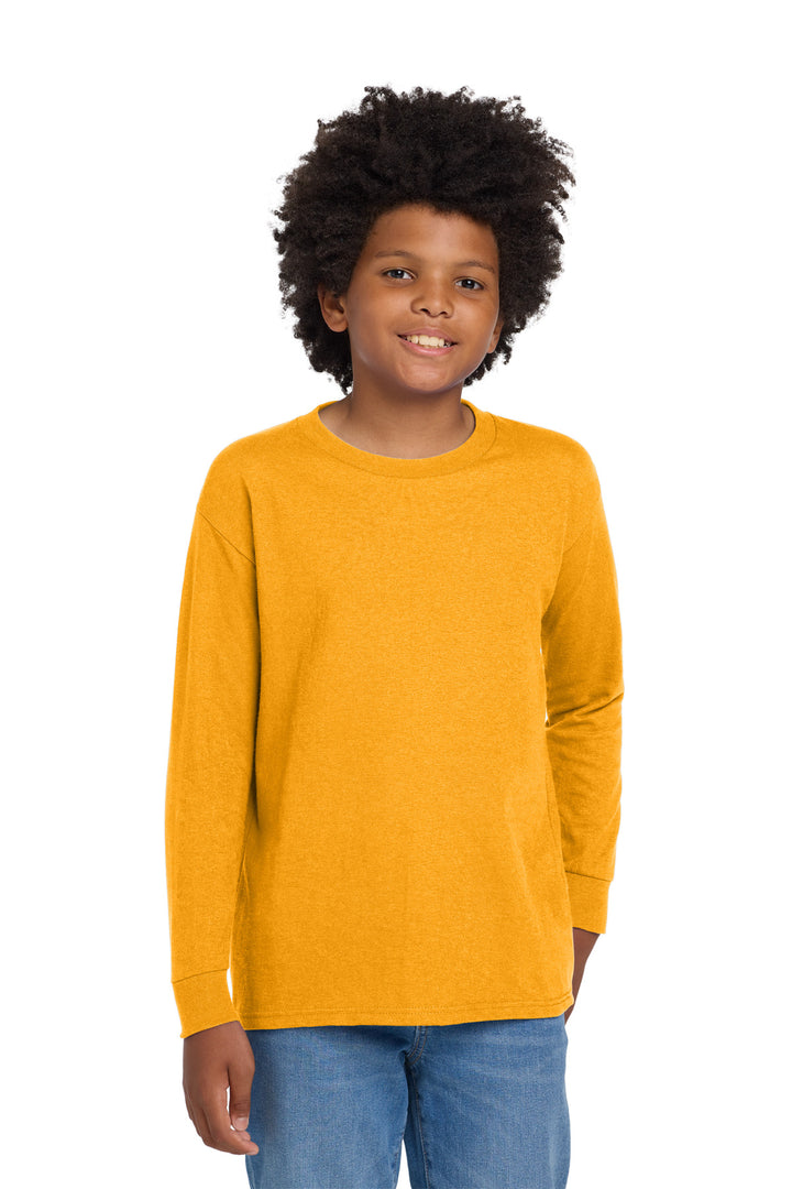 Gold Gildan Youth Heavy Cotton 100% Cotton Long Sleeve T-Shirt. 5400B